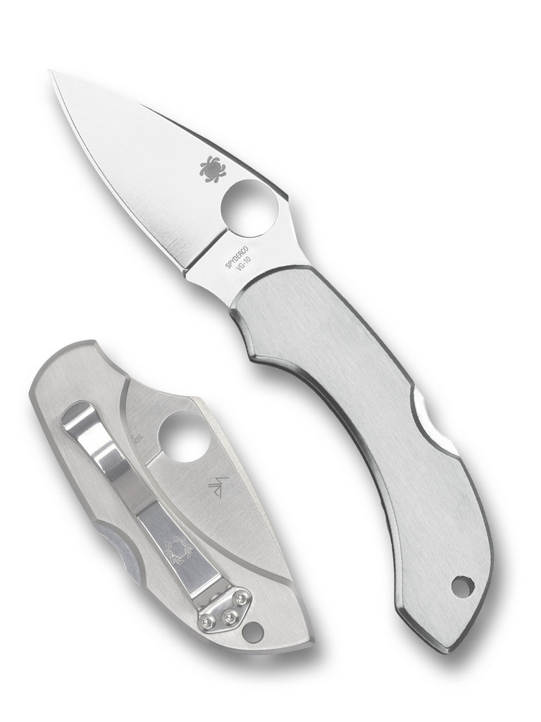 Spyderco Dragonfly folding knife with thumb hole - shown open presentation side and closed pocket clip side.  Satin VG-10 stainless steel plain edge blade.  Stainless steel handle.  Model C28P.

