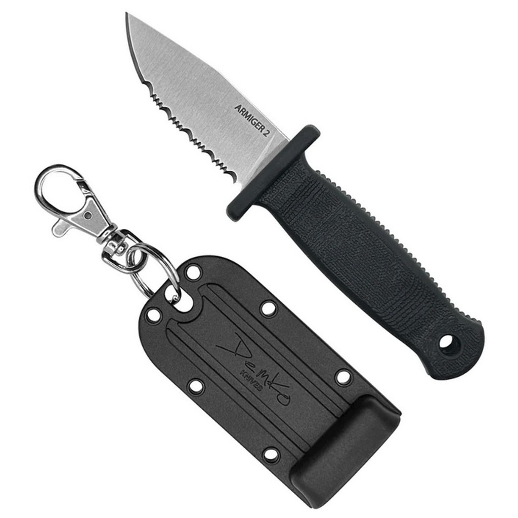 Demko Knives Armiger 2 fixed blade knife - shown laying next to Kydex sheath.  4034SS stainless steel, clip point. serrated edge blade.  Black molded plastic handle.  Model ARM2-CP-SE-BK.