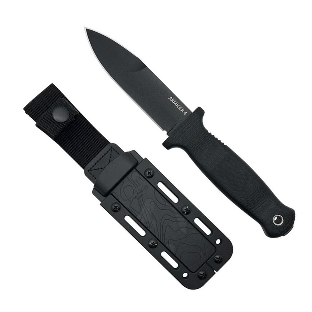 Demko Knives Armiger 4 fixed blade knife - shown laying next to Kydex sheath.  Black 80CrV2 steel, spear point, plain edge blade.  Black thermal plastic rubber handle.  Model ARM4-SP-PE-BK.