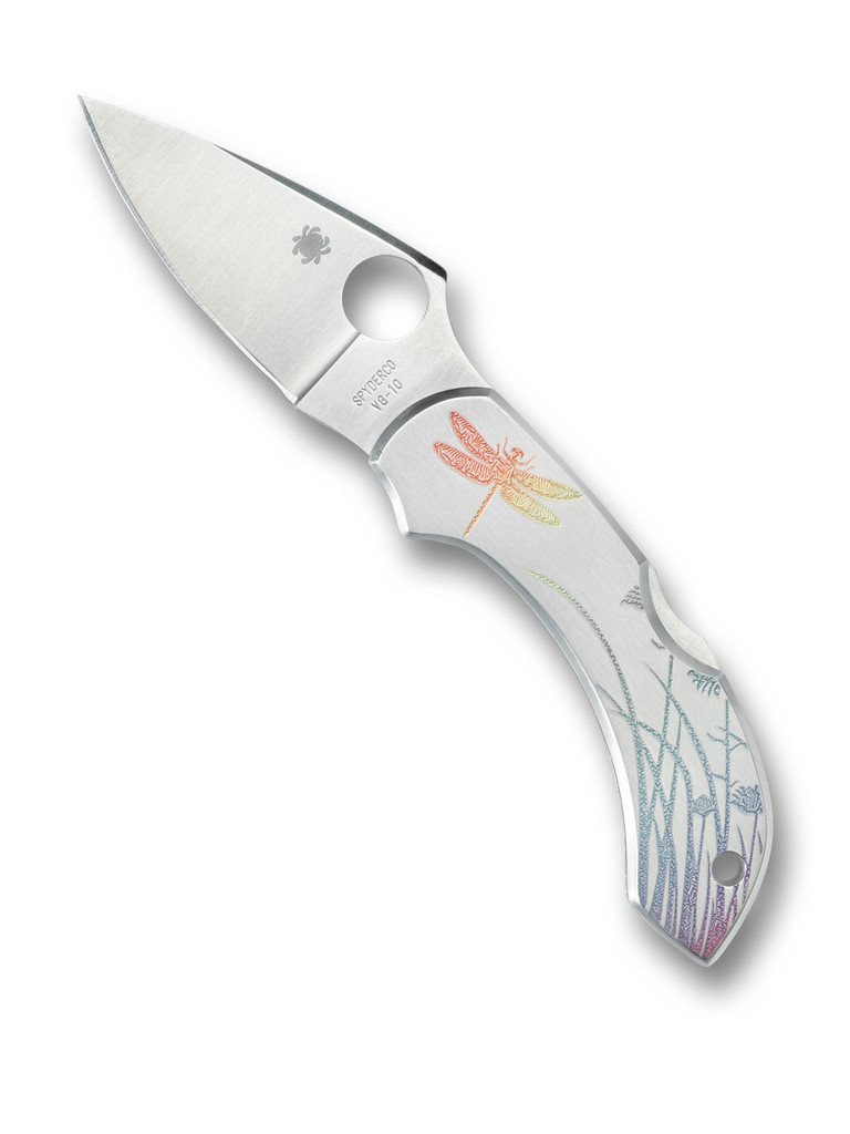 Spyderco Dragonfly Tattoo folding knife with thumb hole - shown open presentation side.  Satin VG-10 stainless steel plain edge blade.  Etched stainless steel handle.  Model C28PT.