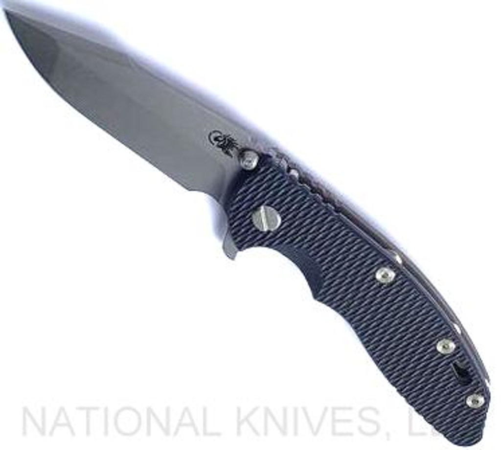 Rick Hinderer Knives XM-18 3.5" Harpoon Spanto folding knife with thumb stud and flipper tab - shown open presentation side.  Working Finish S45VN stainless steel plain edge blade.  
Black G-10 handle with Battle Bronze lock side.  Model KXM35HS.