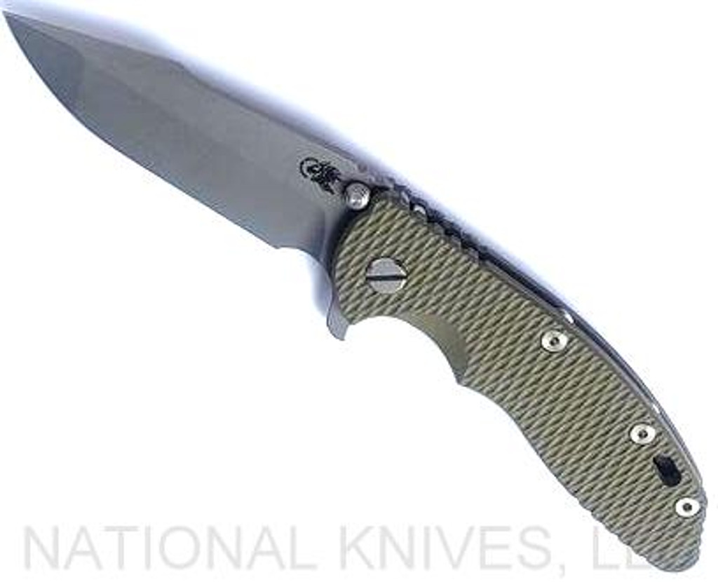 Rick Hinderer Knives XM-18 3.5" Harpoon Spanto folding knife with thumb stud and flipper tab - shown open presentation side.  Working Finish S45VN stainless steel plain edge blade.  
OD green G-10 handle with Battle Bronze lock side.  Model KXM35HS.