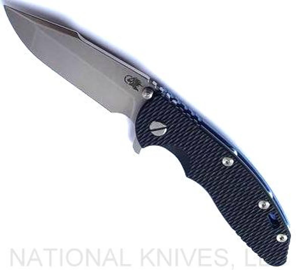 Rick Hinderer Knives XM-18 3.5" Harpoon Spanto folding knife with thumb stud and flipper tab - shown open presentation side.  Stonewash S45VN stainless steel plain edge blade.  Black G-10 handle with stonewash blue lock side.  Model KXM35HS.