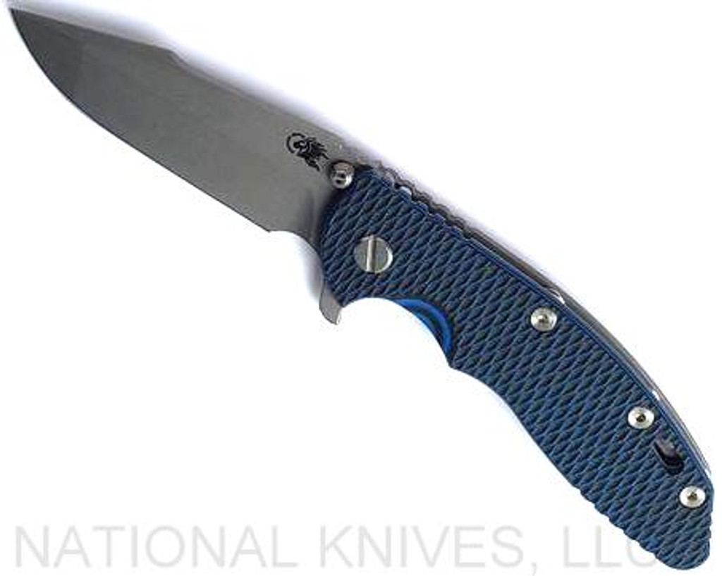 Rick Hinderer Knives XM-18 3.5" Harpoon Spanto folding knife with thumb stud and flipper tab - shown open presentation side.  Working Finish S45VN stainless steel plain edge blade.  
Blue - black G-10 handle with Working Finish lock side.  Model KXM35HS.