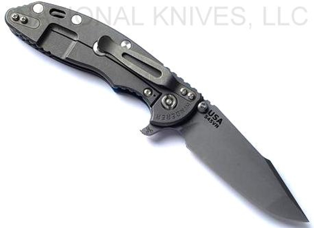 Rick Hinderer Knives XM-18 3.5" Harpoon Spanto folding knife with thumb stud and flipper tab - shown open lock side.  Working Finish S45VN stainless steel plain edge blade.  
Blue - black G-10 handle with Working Finish lock side.  Model KXM35HS.
