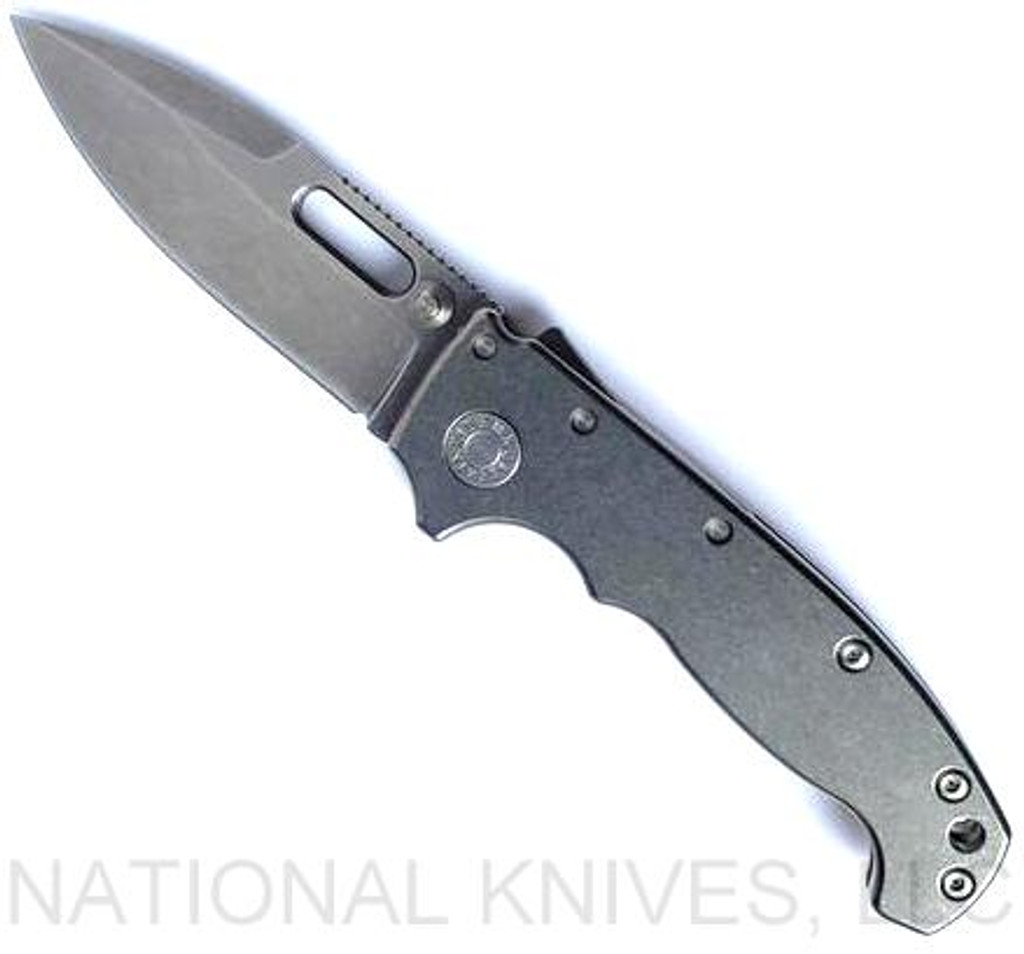 Demko Knives National Knives, LLC Exclusive MG AD-20 spear point folding knife with thumb slot and thumb stud - shown open presentation side.  Stonewash MagnaCut stainless steel plain edge blade.  Smooth titanium handle.