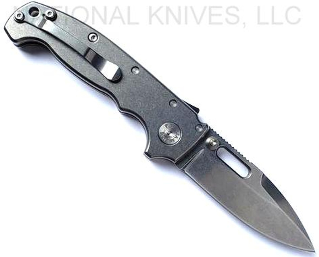 Demko Knives National Knives, LLC Exclusive MG AD-20 spear point folding knife with thumb slot and thumb stud - shown open pocket clip side.  Stonewash MagnaCut stainless steel plain edge blade.  Smooth titanium handle.