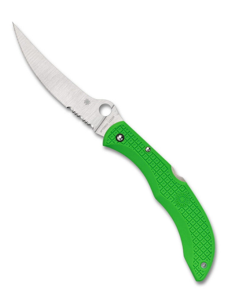Spyderco Catcherman Salt Sprint Run folding knife with thumb hole - shown open presentation side.  Satin LC200N stainless steel combo edge blade. Green FRN handle.  Model C17PSGR.
For reference only.