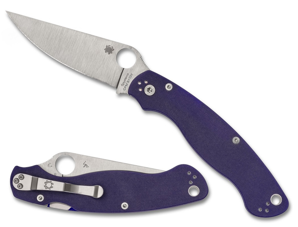 Spyderco Military 2 folding knife with thumb hole - shown open presentation side and closed pocket clip side.  Satin S110V stainless steel plain edge blade.  Dark Blue G-10 handle.  Model C36GPDBL2.