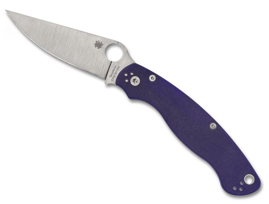 Spyderco Military 2 folding knife with thumb hole - shown open presentation side.  Satin S110V stainless steel plain edge blade.  Dark Blue G-10 handle.  Model C36GPDBL2.