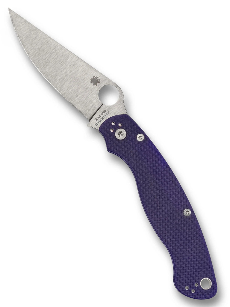 Spyderco Military 2 folding knife with thumb hole - shown open presentation side.  Satin S110V stainless steel plain edge blade.  Dark Blue G-10 handle.  Model C36GPDBL2.