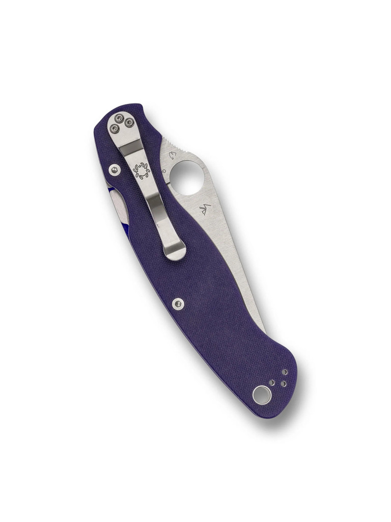 Spyderco Military 2 folding knife with thumb hole - shown closed pocket clip side.  Satin S110V stainless steel plain edge blade.  Dark Blue G-10 handle.  Model C36GPDBL2.
