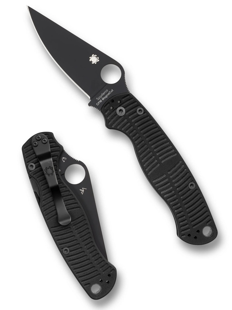 Spyderco Paramilitary 2 Salt folding knife with thumb hole - shown open presentation side and closed pocket clip side.  Black MagnaCut stainless steel plain edge blade.  Black G-10 handle.  Model C81GMCBKP2.