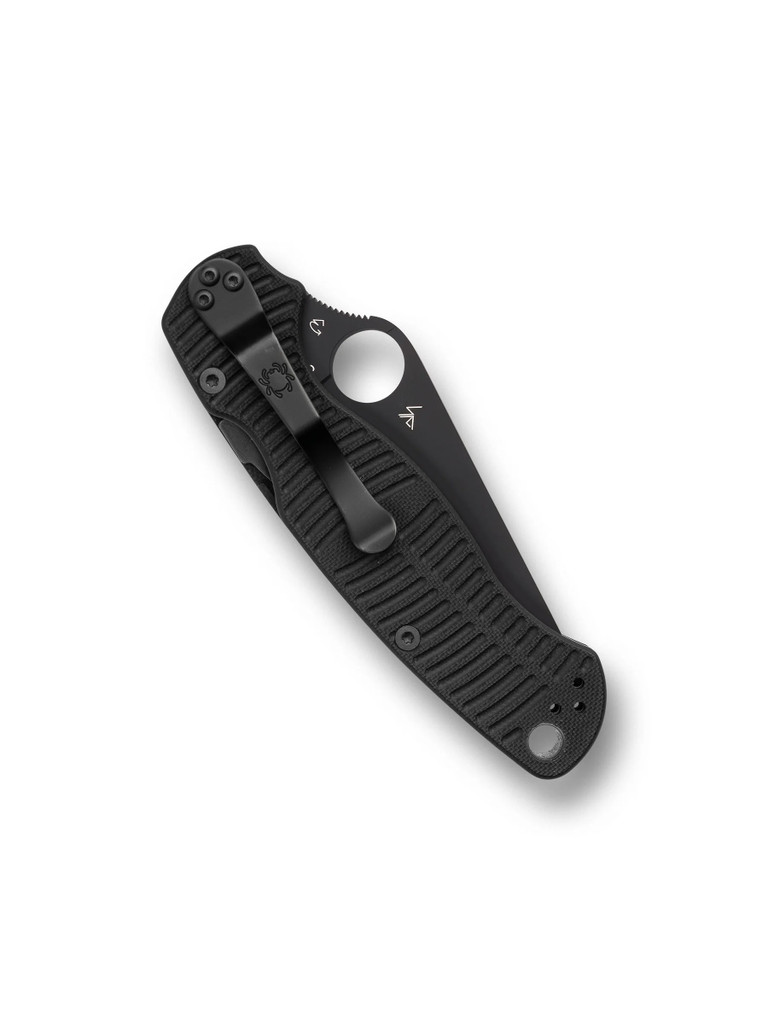 Spyderco Paramilitary 2 Salt folding knife with thumb hole - shown closed pocket clip side.  Black MagnaCut stainless steel plain edge blade.  Black G-10 handle.  Model C81GMCBKP2.