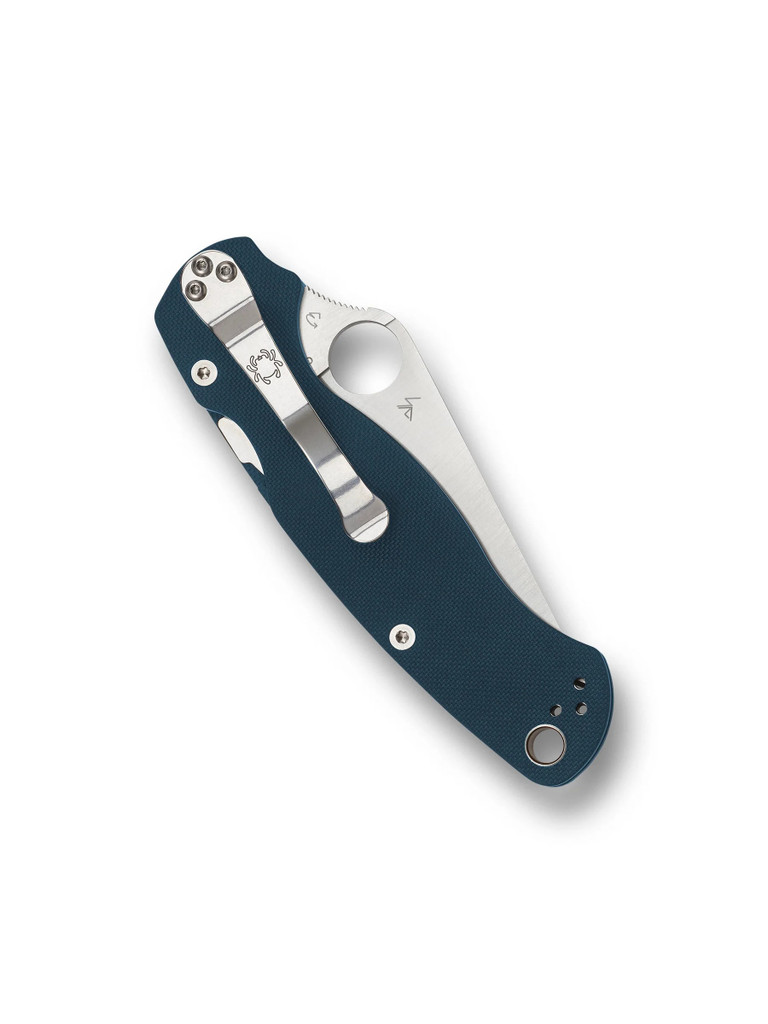 Spyderco Paramilitary 2 folding knife with thumb hole - shown closed pocket clip side.  Satin SPY27 stainless steel plain edge blade.  Cobalt Blue G-10 handle.  Model C81GPCBL2.

