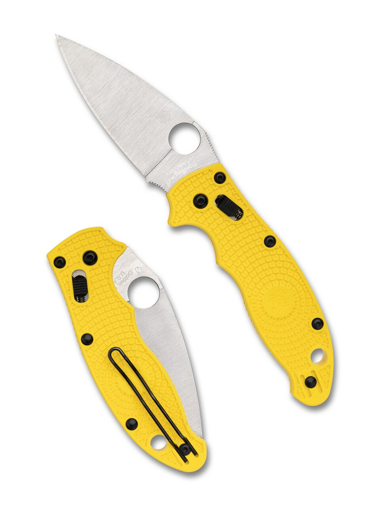Spyderco Manix 2 Salt Lightweight folding knife with thumb hole - shown open presentation side and closed pocket clip side.  Satin MagnaCut stainless steel plain edge blade.  Yellow FRCP handle.  Model C101PYL2.
