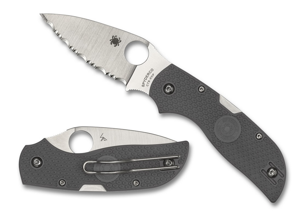 Spyderco Chaparral folding knife with thumb hole - shown open presentation side and closed pocket clip side.  Satin CTS-XHP stainless steel serrated edge blade. Gray FRN handle.  Model C152SGY.