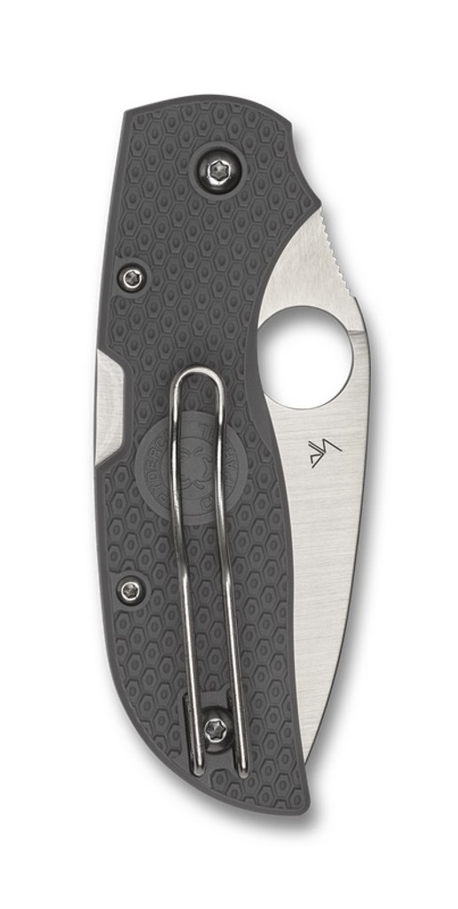 Spyderco Chaparral folding knife with thumb hole - shown closed pocket clip side.  Satin CTS-XHP stainless steel serrated edge blade. Gray FRN handle.  Model C152SGY.