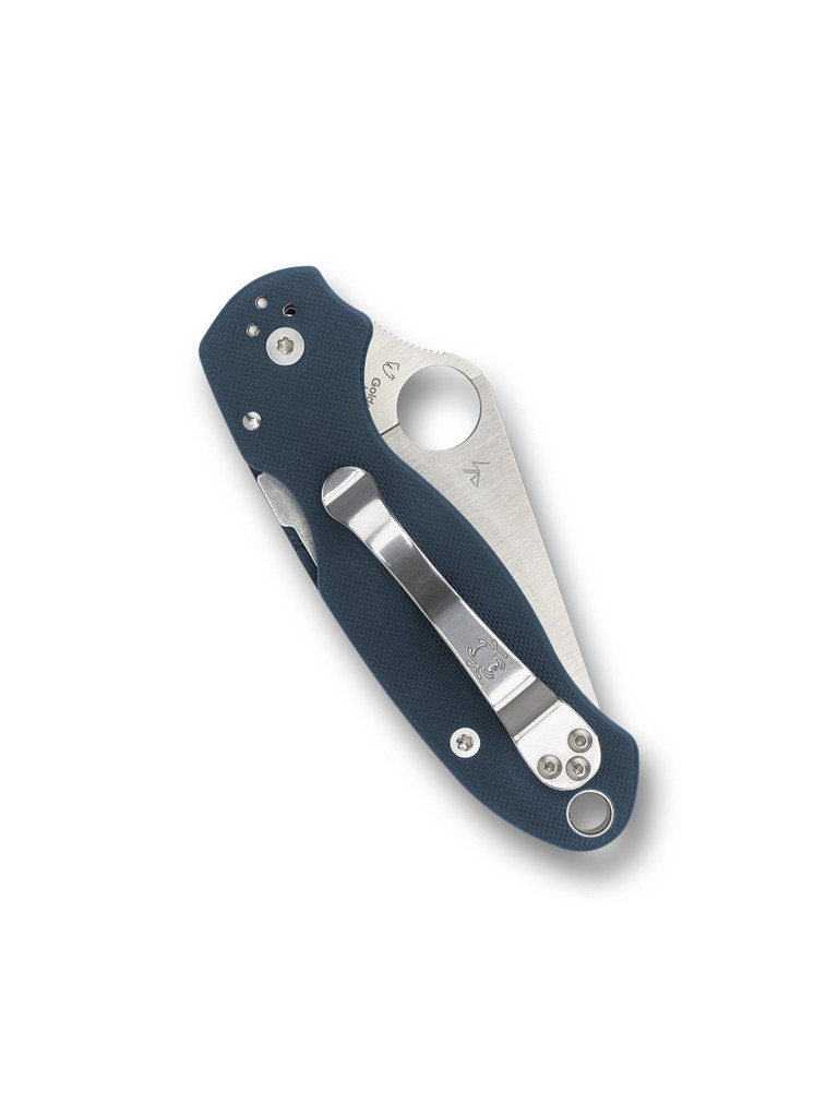 Spyderco Para 3 folding knife with thumb hole - shown closed pocket clip side.  Satin SPY27 stainless steel plain edge blade. Cobalt Blue G-10 handle.  Model C223GPCBL.