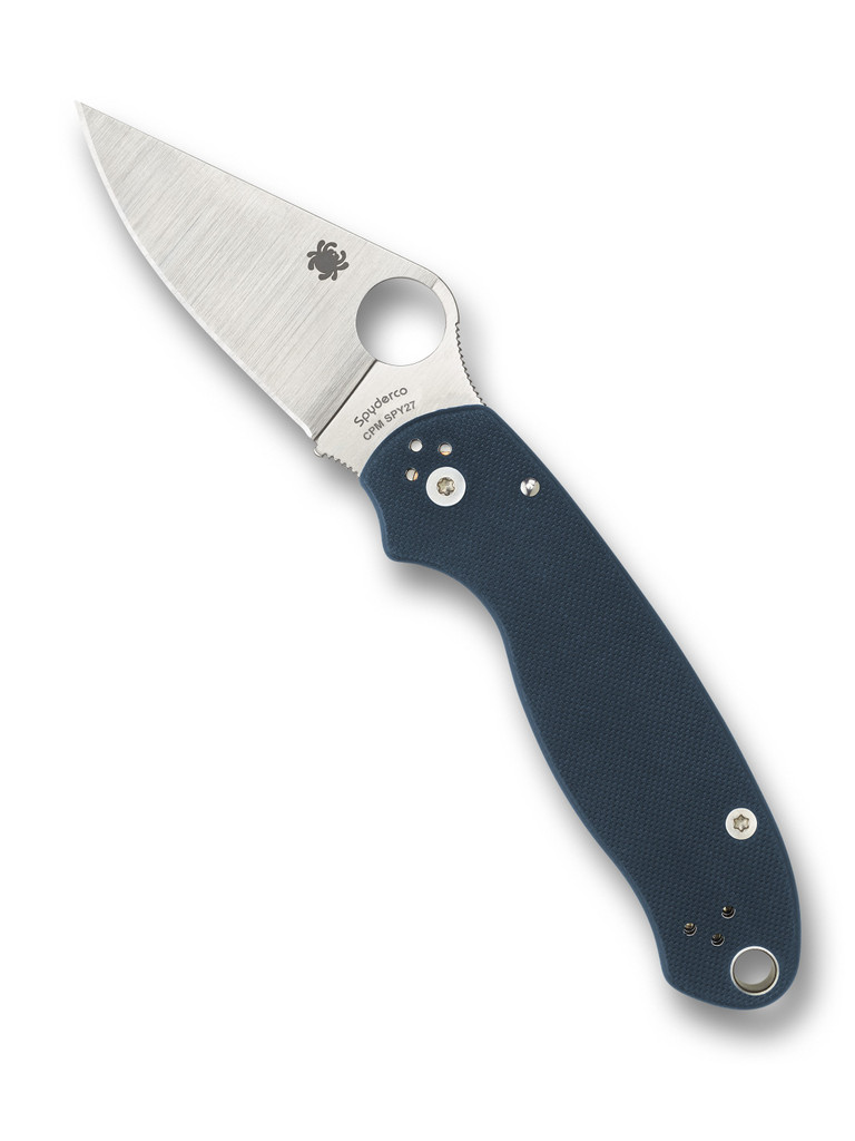 Spyderco Para 3 folding knife with thumb hole - shown open presentation side.  Satin SPY27 stainless steel plain edge blade. Cobalt Blue G-10 handle.  Model C223GPCBL.
