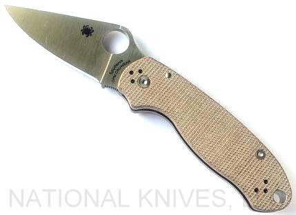 Spyderco Para 3 folding knife with thumb hole - shown open presentation side.  Satin Cru-Wear steel plain edge blade.  Brown Micarta handle.  Model C223MPCW.