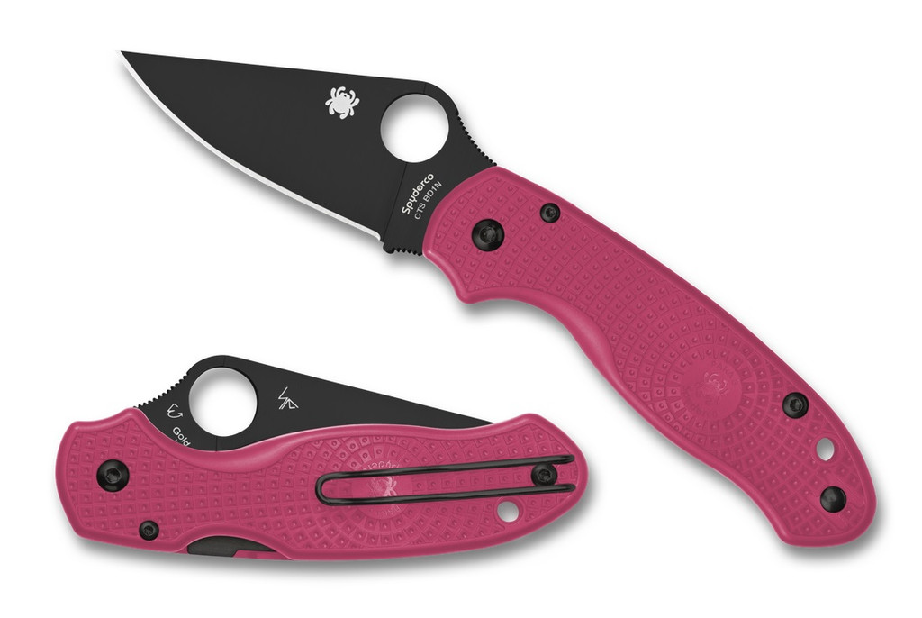 Spyderco Para 3 folding knife with thumb hole - shown open presentation side and closed pocket clip side.  Black CTS-BD1N stainless steel plain edge blade.  Pink FRN handle.  Model C223PPNBK.