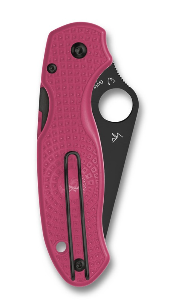Spyderco Para 3 folding knife with thumb hole - shown closed pocket clip side.  Black CTS-BD1N stainless steel plain edge blade.  Pink FRN handle.  Model C223PPNBK.