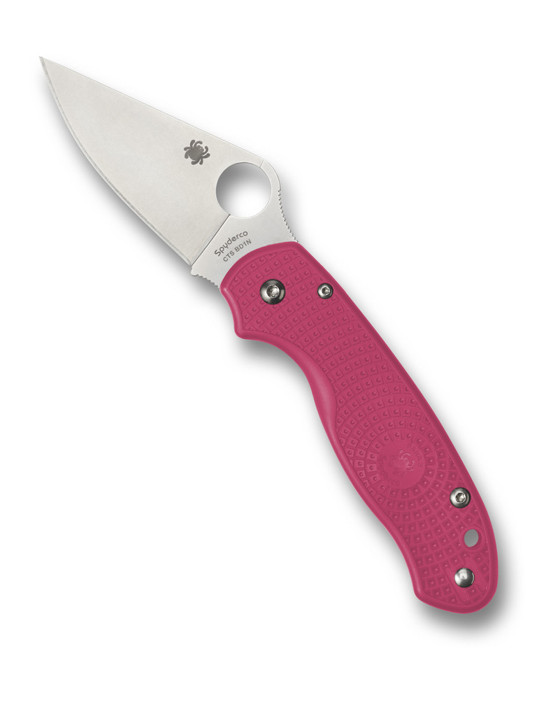 Spyderco Para 3 folding knife with thumb hole - shown open presentation side.  Satin CTS-BD1N stainless steel plain edge blade.  Pink FRN handle.  Model C223PPN.