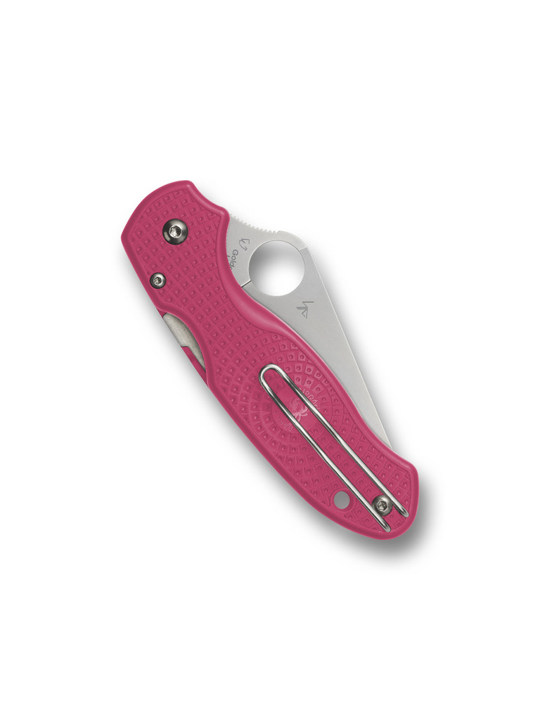 Spyderco Para 3 folding knife with thumb hole - shown closed pocket clip side.  Satin CTS-BD1N stainless steel plain edge blade.  Pink FRN handle.  Model C223PPN.