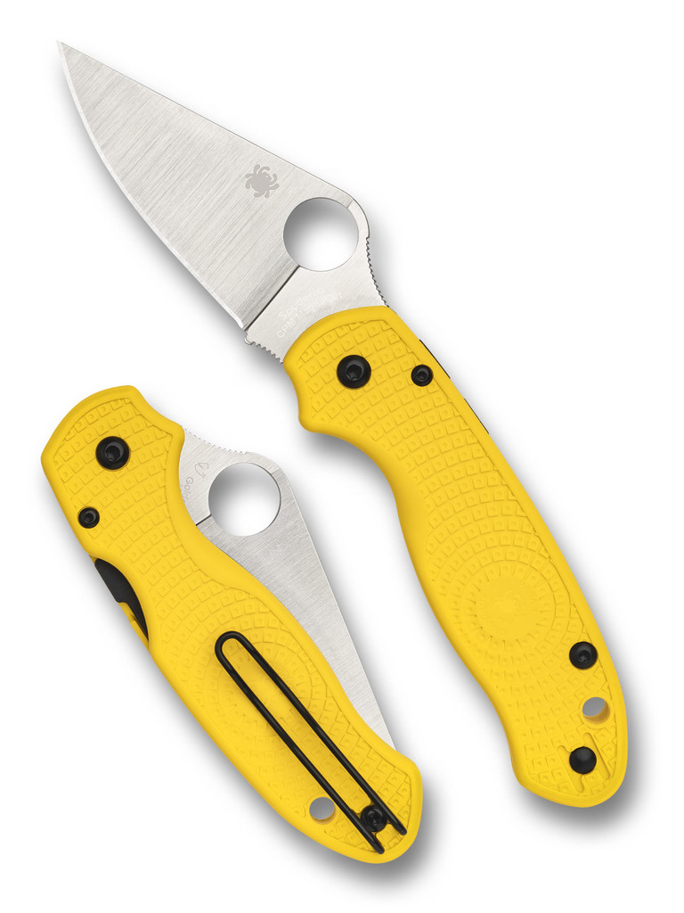 Spyderco Para 3 Salt folding knife with thumb hole - shown open presentation side and closed pocket clip side.  Satin MagnaCut stainless steel plain edge blade.  Yellow FRN handle.  Model C223PYL.