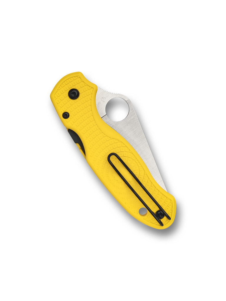 Spyderco Para 3 Salt folding knife with thumb hole - shown closed pocket clip side.  Satin MagnaCut stainless steel plain edge blade.  Yellow FRN handle.  Model C223PYL.