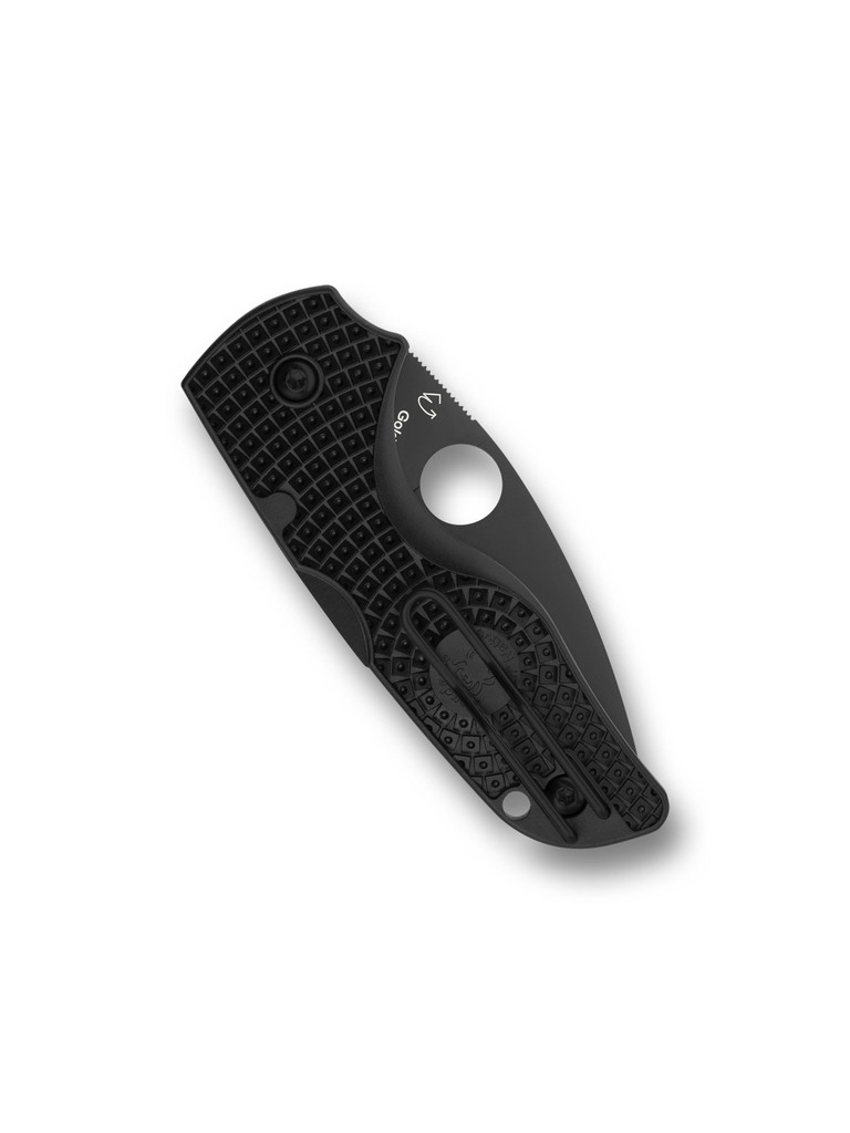 Spyderco Lil' Native folding knife with thumb hole - shown closed pocket clip side.  Black CTS-BD1N stainless steel plain edge blade.  Black FRN handle.  Model C230PBBK.