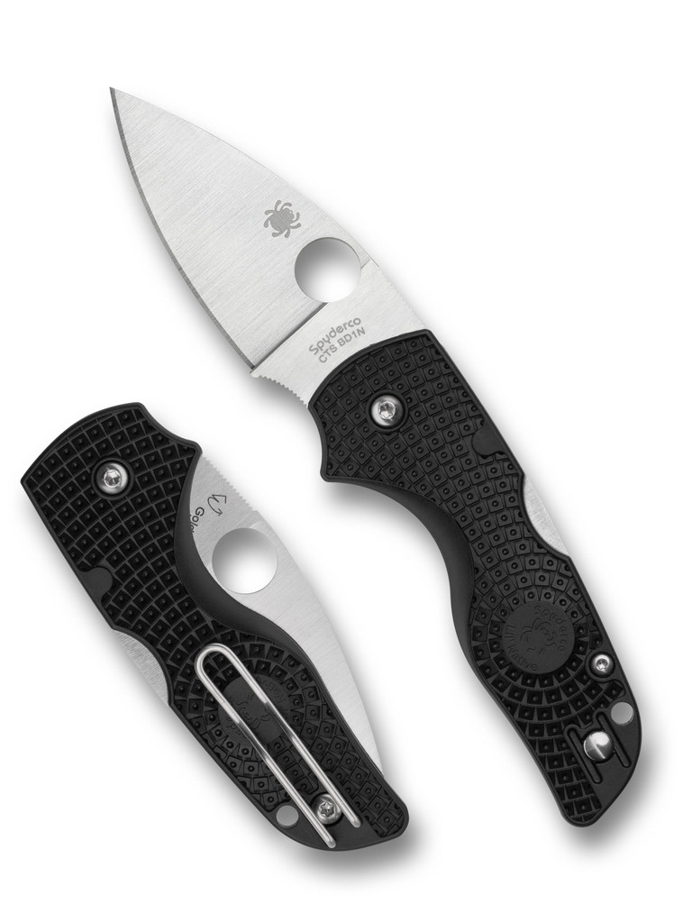 Spyderco Lil' Native folding knife with thumb hole - shown open presentation side and closed pocket clip side.  Satin CTS-BD1N stainless steel plain edge blade.  Black FRN handle.  Model C230PBK.