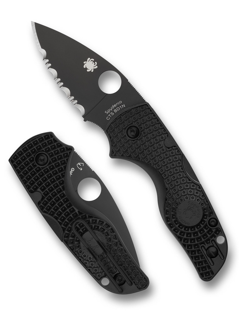 Spyderco Lil' Native folding knife with thumb hole - shown open presentation side and closed pocket clip side.  Black CTS-BD1N stainless steel serrated edge blade.  Black FRN handle.  Model C230SBBK.
