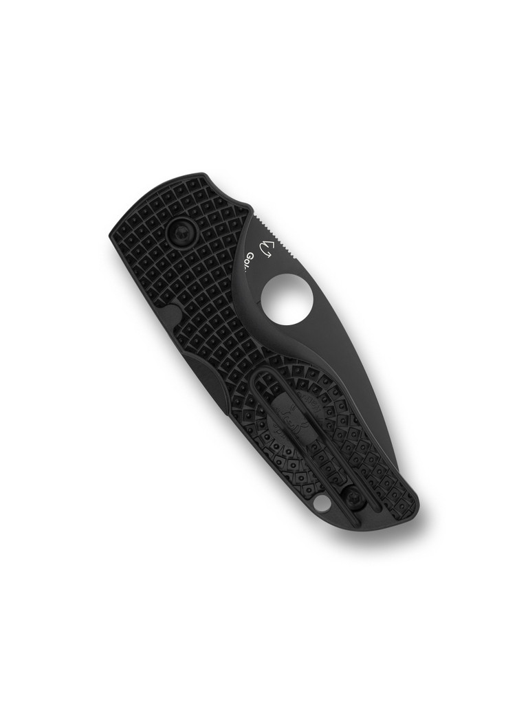 Spyderco Lil' Native folding knife with thumb hole - shown closed pocket clip side.  Black CTS-BD1N stainless steel serrated edge blade.  Black FRN handle.  Model C230SBBK.
