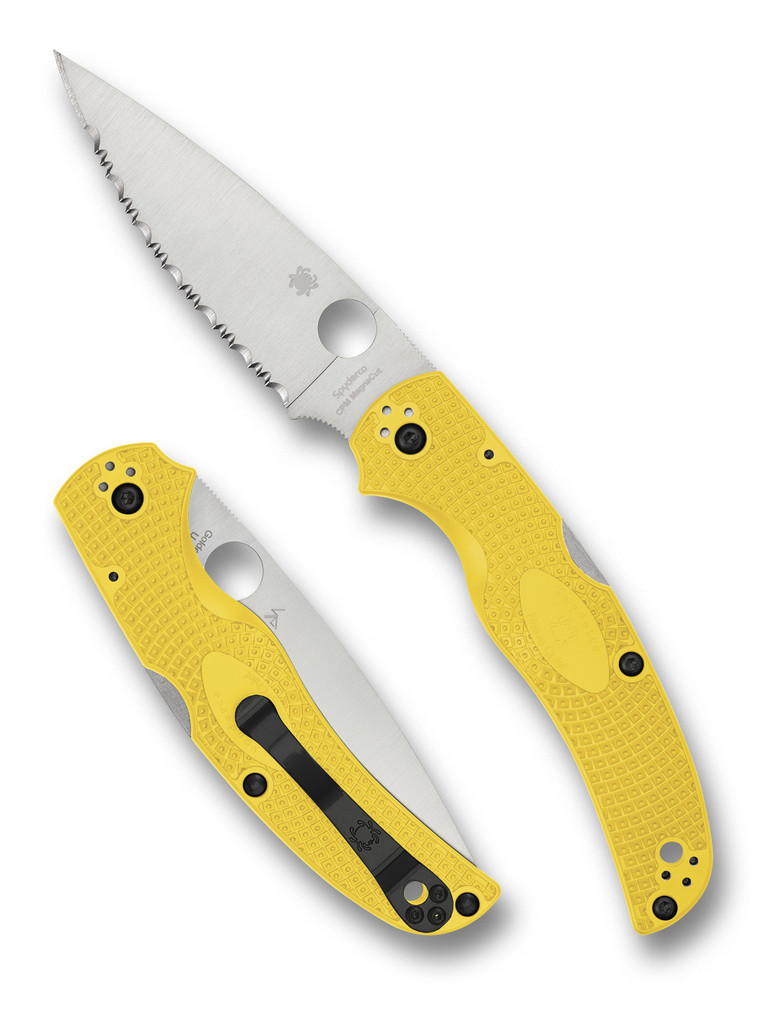 Spyderco Native Chief Salt folding knife with thumb hole - shown open presentation side and closed pocket clip side.  Satin MagnaCut stainless steel serrated edge blade.  Yellow FRN handle.  Model C244SYL.