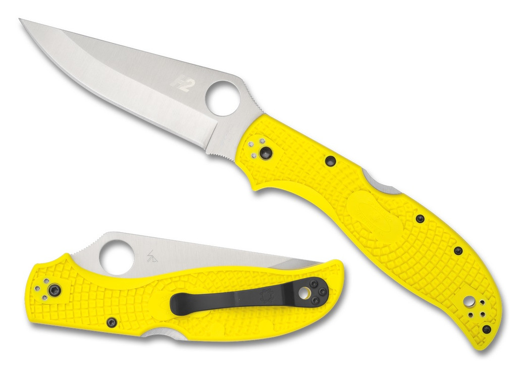Spyderco Stretch 2 XL Salt folding knife with thumb hole - shown open presentation side and closed pocket clip side.  Satin H-2 stainless steel plain edge blade.  Yellow FRN handle.  Model C258PYL.
