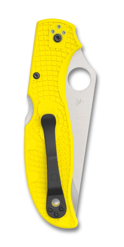 Spyderco Stretch 2 XL Salt folding knife with thumb hole - shown closed pocket clip side.  Satin H-2 stainless steel serrated edge blade.  Yellow FRN handle.  Model C258SYL.