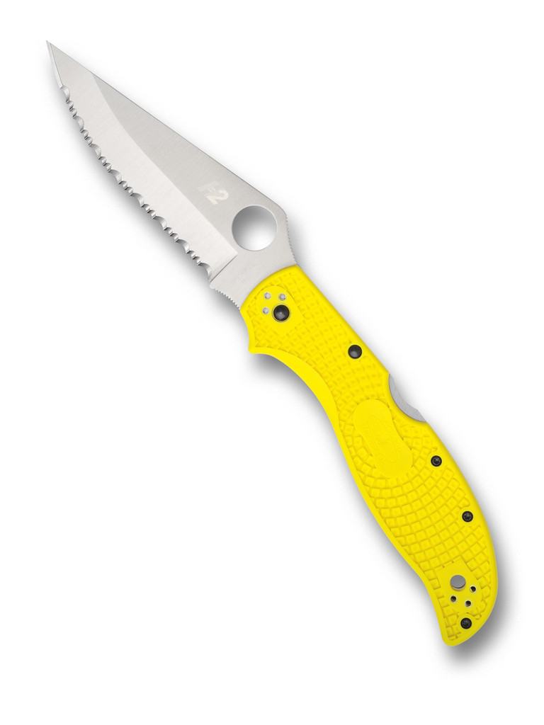 Spyderco Stretch 2 XL Salt folding knife with thumb hole - shown open presentation side.  Satin H-2 stainless steel serrated edge blade.  Yellow FRN handle.  Model C258SYL.