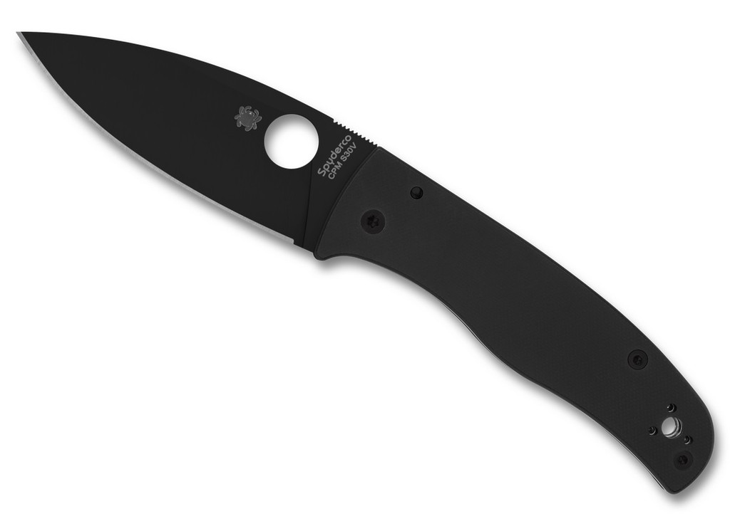 Spyderco Bodacious folding knife with thumb hole - shown open presentation side.  Black S30V stainless steel plain edge blade.  Black G-10 handle.  Model C263GPBK.
