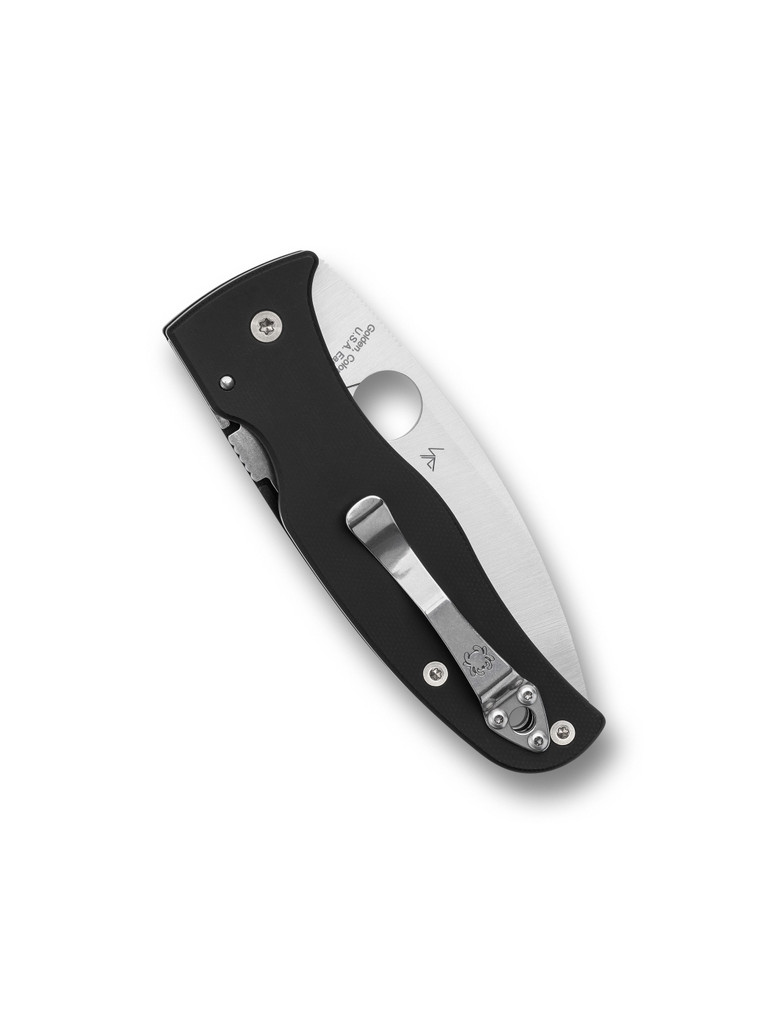 Spyderco Bodacious folding knife with thumb hole - shown closed pocket clip side.  Satin S30V stainless steel plain edge blade.  Black G-10 handle.  Model C263GP.