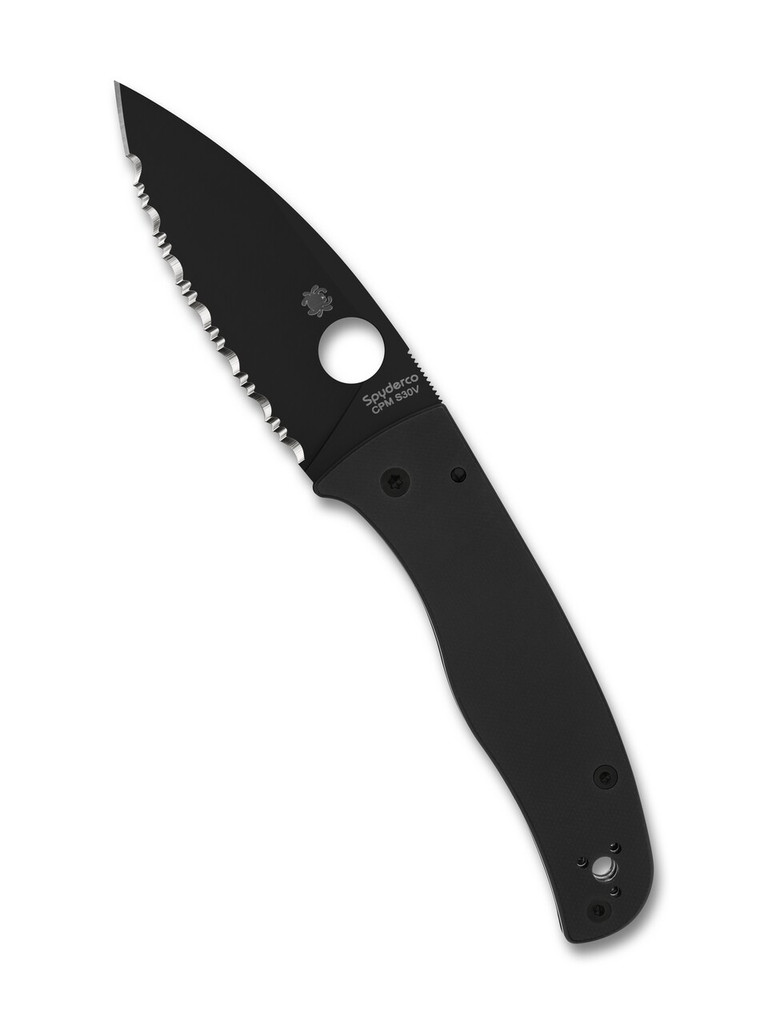 Spyderco Bodacious folding knife with thumb hole - shown open presentation side.  Black S30V stainless steel serrated edge blade.  Black G-10 handle.  Model C263GSBK.
