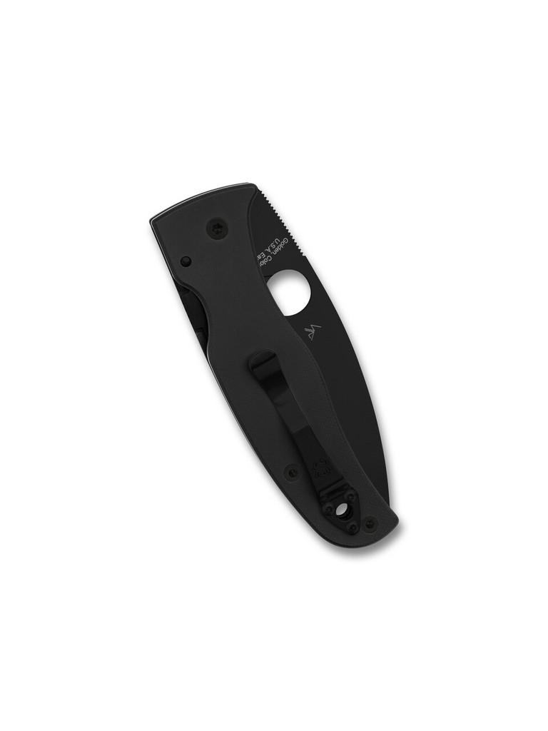 Spyderco Bodacious folding knife with thumb hole - shown closed pocket clip side.  Black S30V stainless steel serrated edge blade.  Black G-10 handle.  Model C263GSBK.