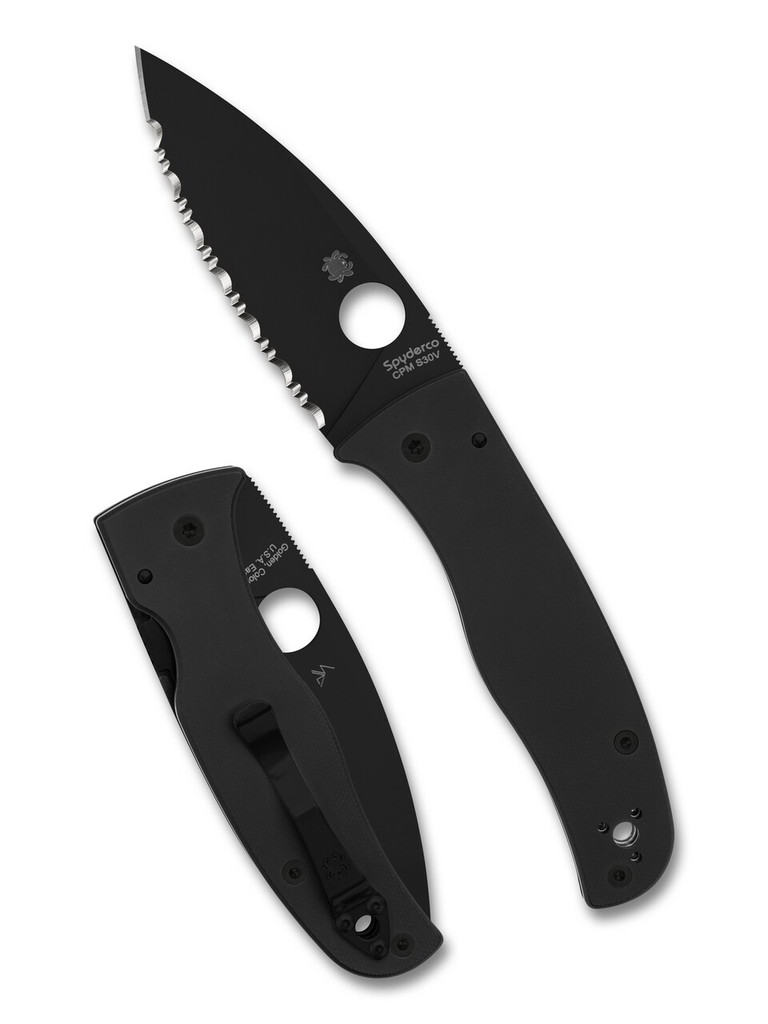 Spyderco Bodacious folding knife with thumb hole - shown open presentation side and closed pocket clip side.  Black S30V stainless steel serrated edge blade.  Black G-10 handle.  Model C263GSBK.