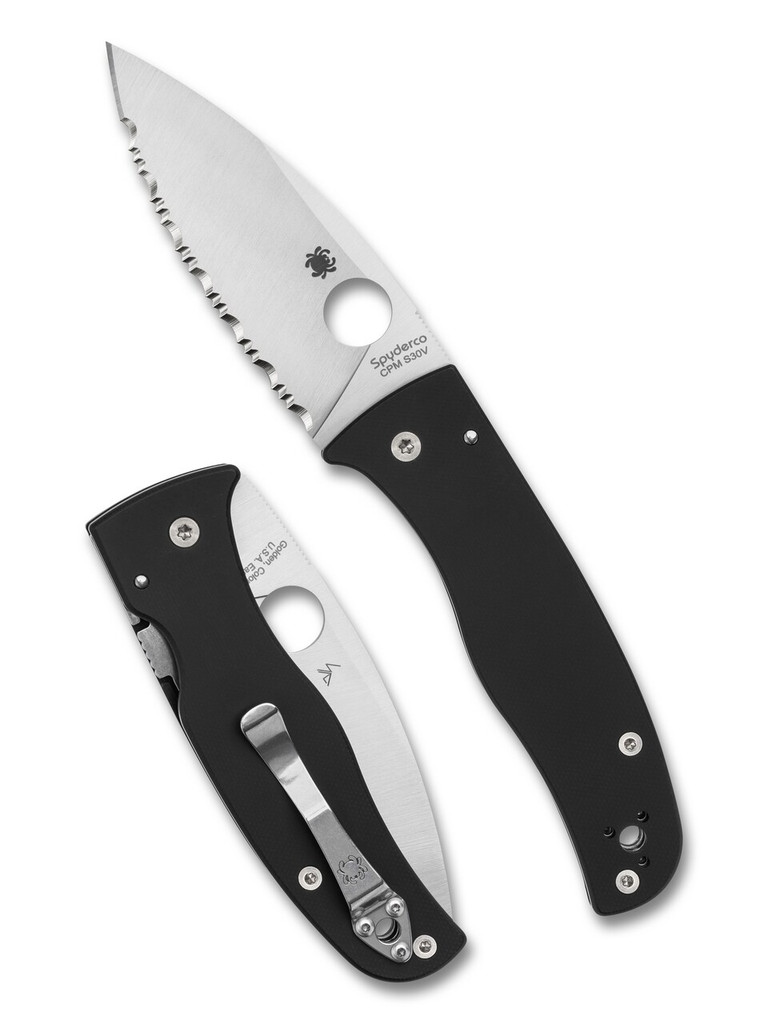 Spyderco Bodacious folding knife with thumb hole - shown opened presentation side and closed pocket clip side.  Satin S30V stainless steel serrated edge blade.  Black G-10 handle.  Model C263GS.