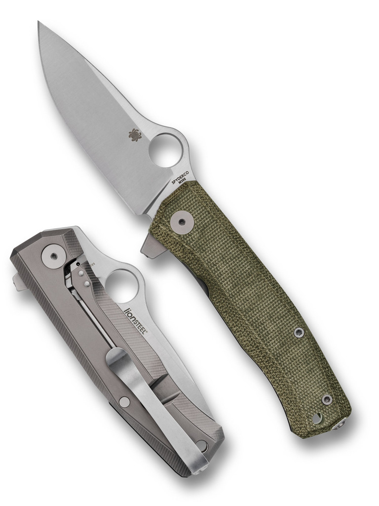 Spyderco SpyMyto Flash Batch folding knife with thumb hole - shown open presentation side and closed pocket clip side.  Satin M398 stainless steel plain edge blade. Micarta handle with titanium lock side.  Model C265MTIP.
For reference only.