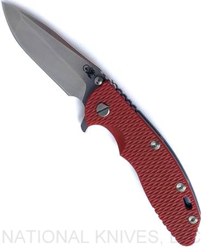 Rick Hinderer Knives XM-18 3.5" Spanto folding knife with thumb stud and flipper tab - shown open presentation side.  Stonewash S45VN stainless steel plain edge blade.  Red G-10 handle with Battle Blue lock side.  Model KXM35SPA.
