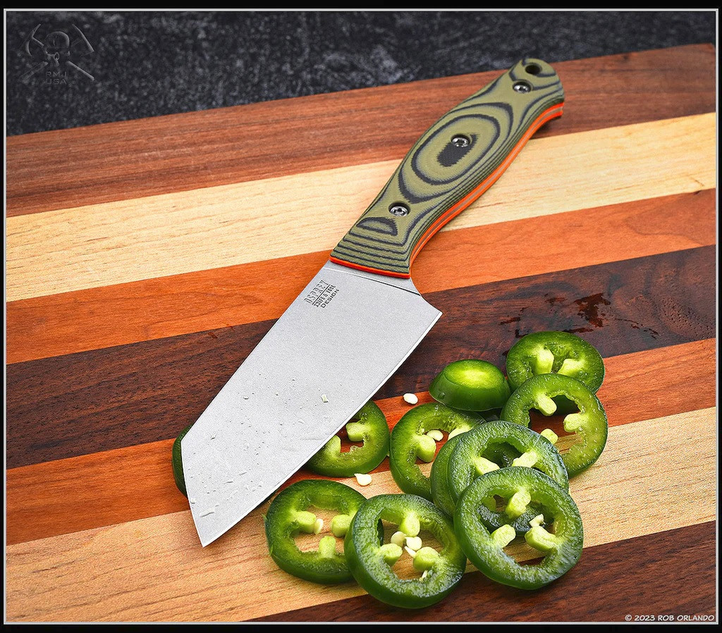 RMJ Tactical Osprey 9 Adventure Kitchen Knife 14C28N Steel Blade Blaze Olive G10