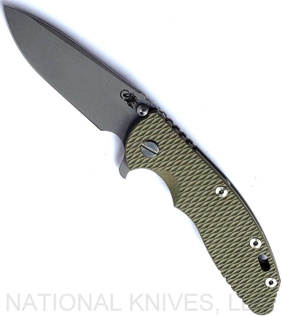 Rick Hinderer Knives XM-18 Spear Point Working Finish 3.5" S45VN Battle Bronze L/S OD Green G-10