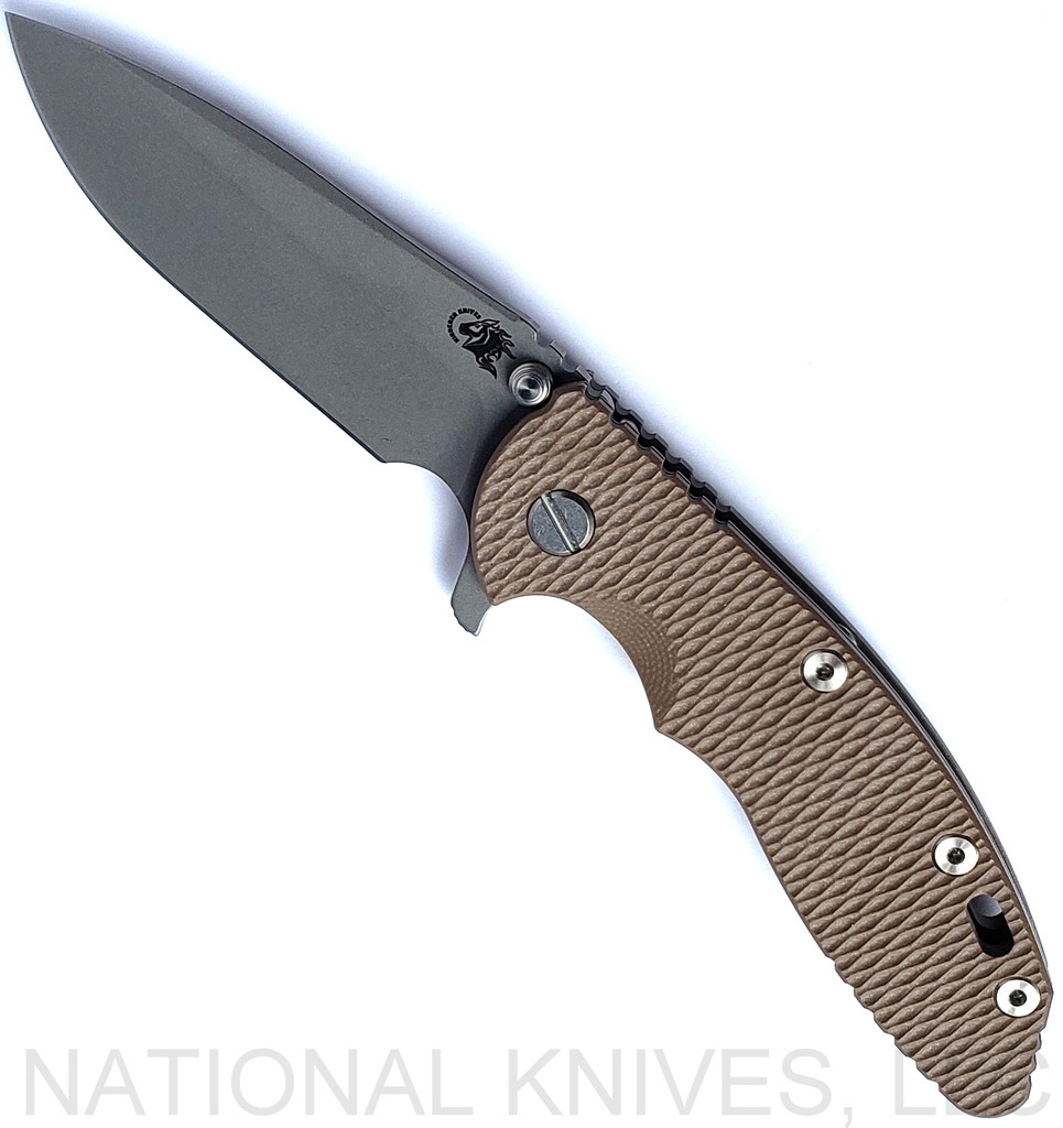Rick Hinderer Knives XM-18 3.5" Spear Point folding knife with thumb stud and flipper tab - shown open presentation side.  Working Finish S45VN stainless steel plain edge blade.  FDE G-10 handle with Battle Bronze lock side.  Model KXM35SPE.